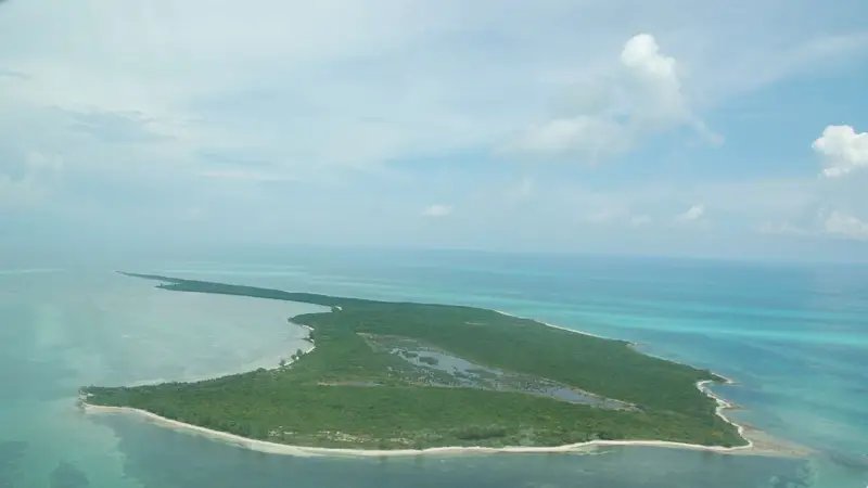 A photo of Strangers Cay taken from an airplane window